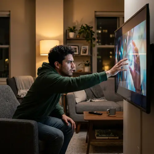 Hispanic Man Reaching out Towards Television Screen