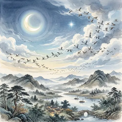 Tranquil Nature Wallpaper: Birds in Sky, Moonlight, Anime Style