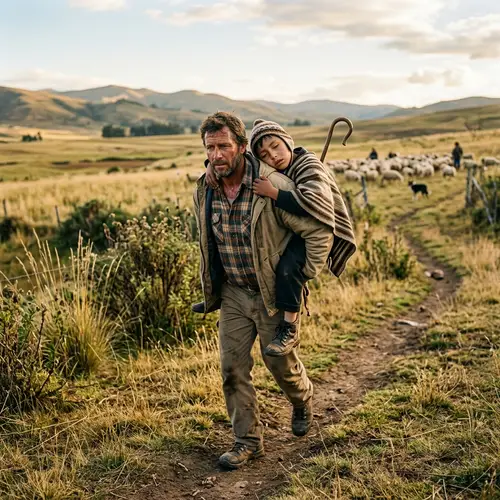 Sick Young Shepherd Boy Carried by Farmer