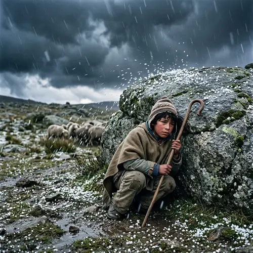 Young Boy Shepherd Hidden from Hailstorm
