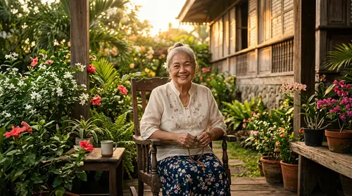 Heartwarming Filipino Grandmother in Golden Garden Light