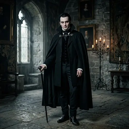 Gothic Fiction Character in Victorian Attire | Castle Interior Scene