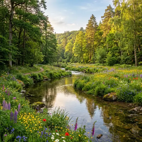 Tranquil Forest Landscape with River and Wildflowers