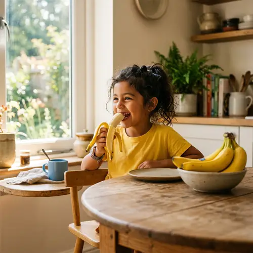 Young Hispanic Girl Enjoying Fresh Banana Meal