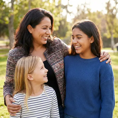 Smiling Hispanic Woman with 2 Daughters | Genuine Family Bond