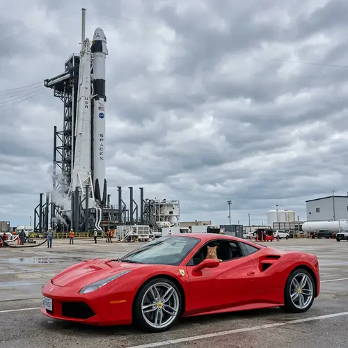 Red Sports Car Parked in Front of Rocket - Amazing Image