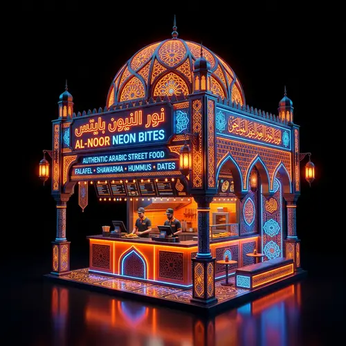 3D Arabic Food Kiosk Design | Neon & Orange Theme