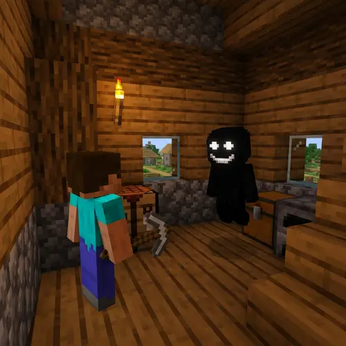 Steve from Minecraft Encounters Legless Black Monster in Village House