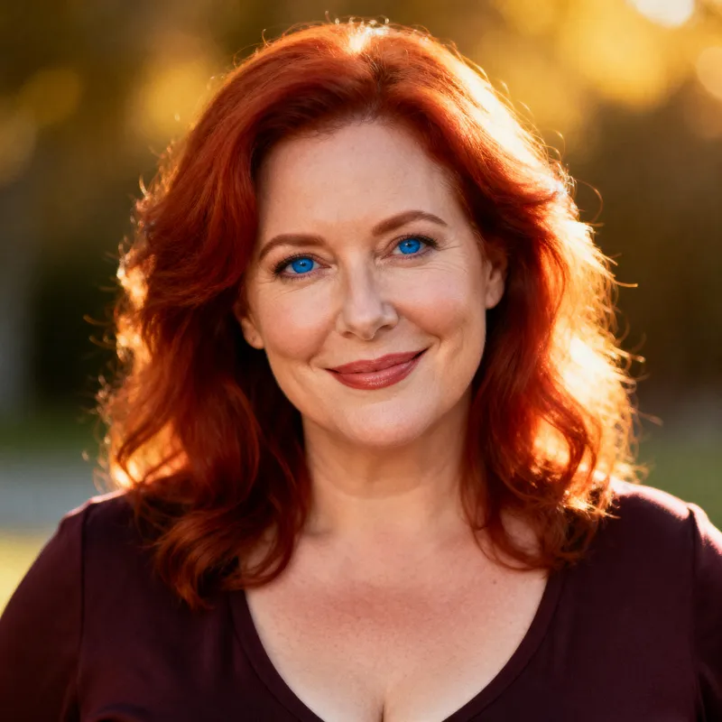 Curvy 46-Year-Old Woman with Red Hair and Blue Eyes