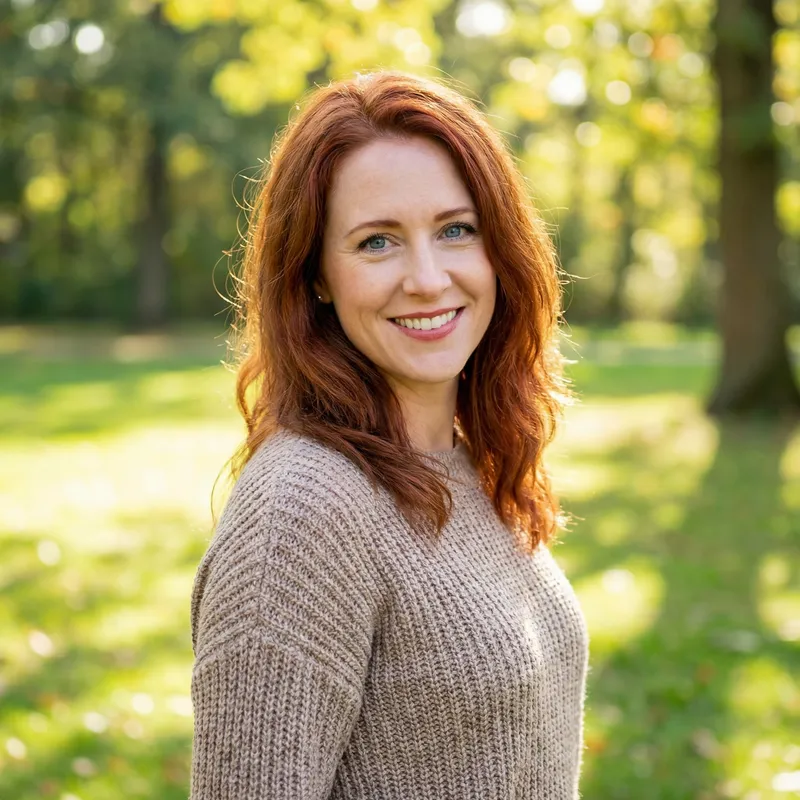 Curvy 46-Year-Old Woman with Red Hair and Blue Eyes
