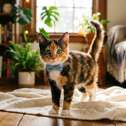 Adorable Small Domestic Cat with Swirling Black, White, and Orange Fur