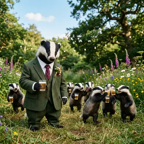 Elegant Wedding Badger & Playful Little Ones Toasting Joyfully