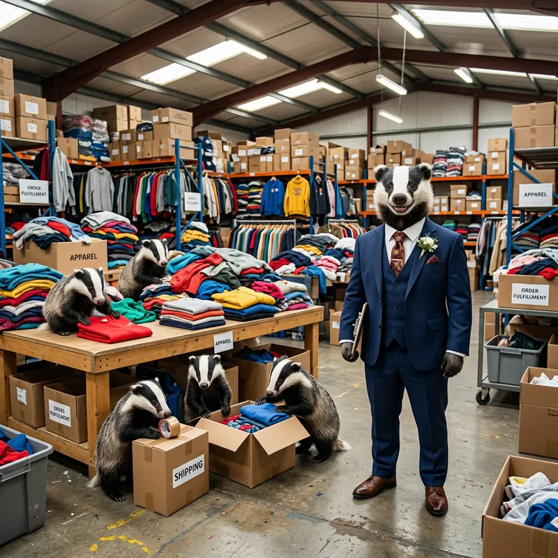 Badger Wedding Suit in Clothing Warehouse | Adorable Pack & Fold Scene Badger Wedding Suit in Clothing Warehouse | Adorable Pack & Fold Scene