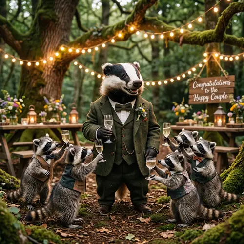 Charming Badger in Wedding Suit with Raccoons Toasting