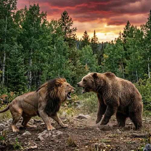 Intense Grizzly Bear vs. African Lion Scene in the Wilderness
