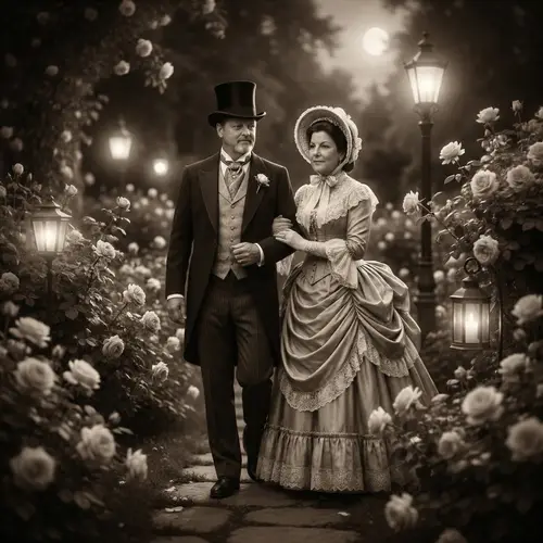 Elegant Victorian Couple in Rose Garden at Night