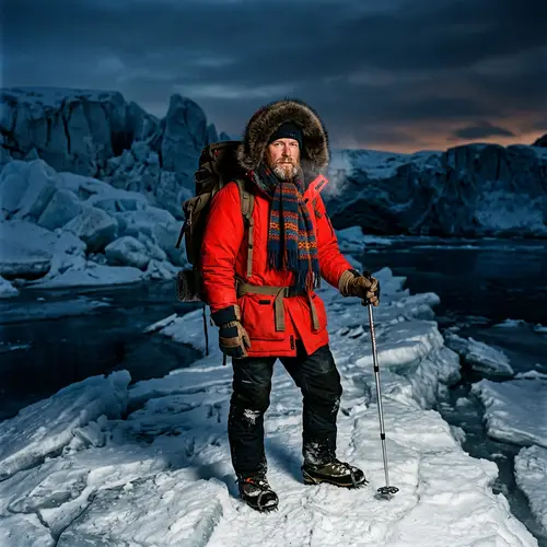 Arctic Wilderness Exploration: Red Figure in Winter Attire