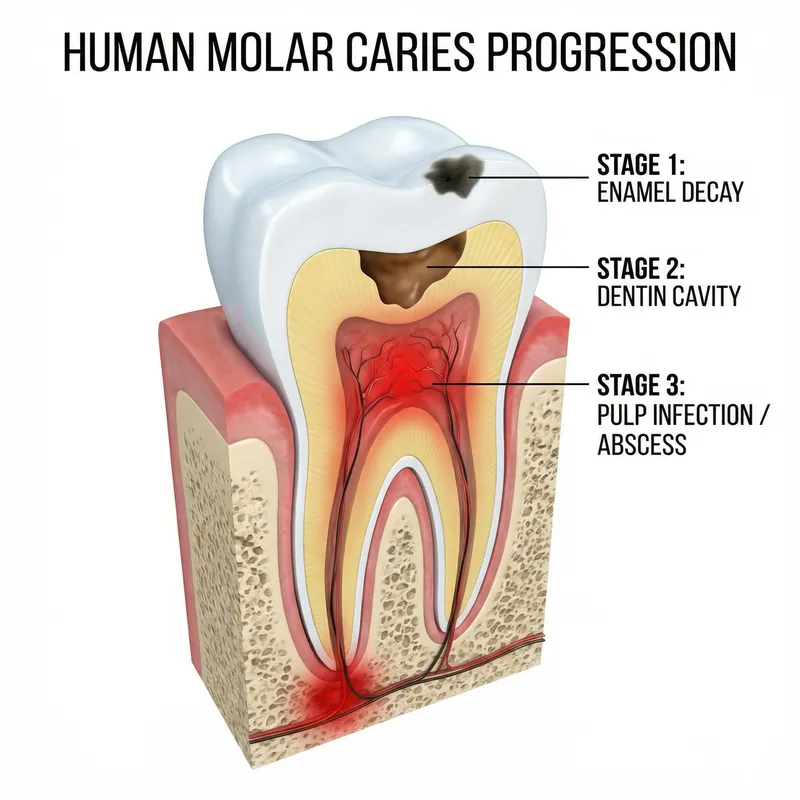 Dental Cavity Stages in a Human Molar - Detailed View