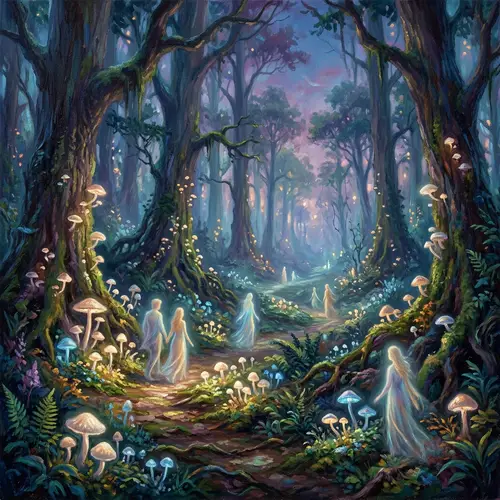 Impressionistic Mystical Forest with Glowing Mushrooms