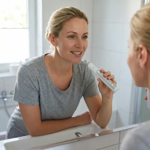 Caucasian Woman Using Philips Electric Toothbrush in Bathroom