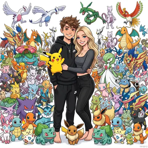 Couple Surrounded by All Pokémon Characters