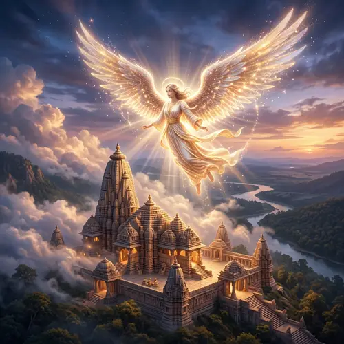 Majestic Angel Ascending Above Ancient Temple