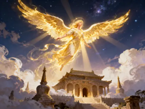 Majestic Angel Ascending Above Ancient Temple