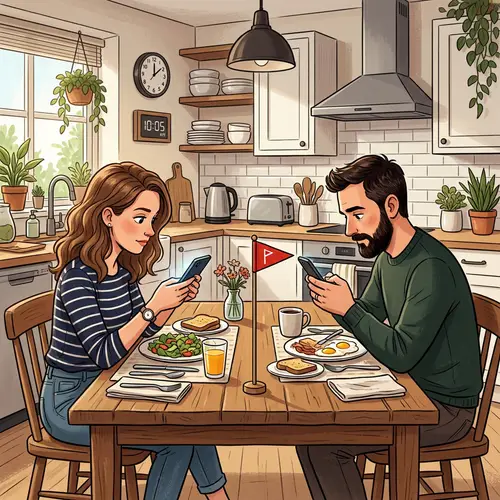Modern Kitchen Illustration with Couples & Phones