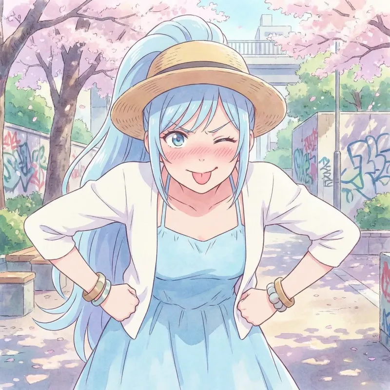 Playful Anime Girl with Blue Hair and Summer Dress