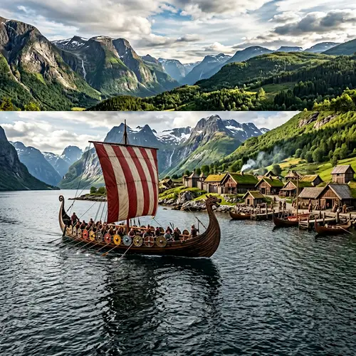 Majestic Viking Longship Sailing in Picturesque Fjord