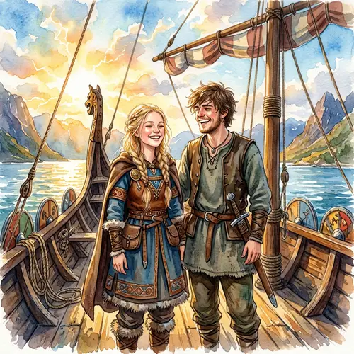 Viking Ship Watercolor Painting - Joyful Teenage Couple on Deck