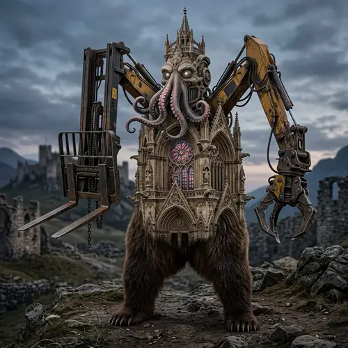 Unique Creature with Bear Legs, Forklift Arms, and Cathedral Torso
