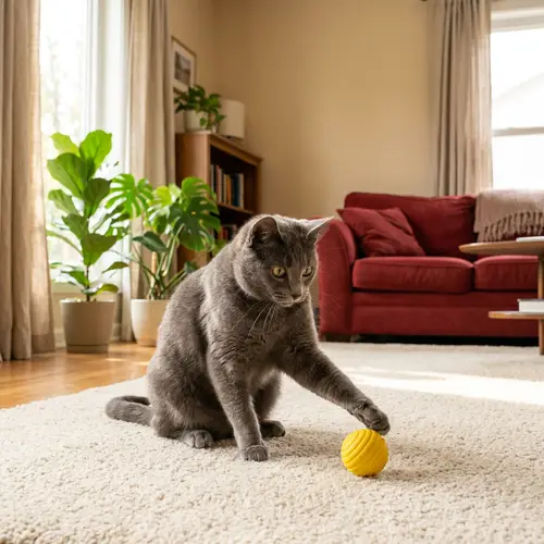 Playful Cat Swatting Bright Yellow Ball in Sunlit Living Room