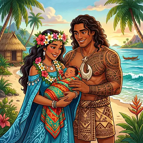 Moana and Moui Holding Newborn Baby - Heartwarming Scene