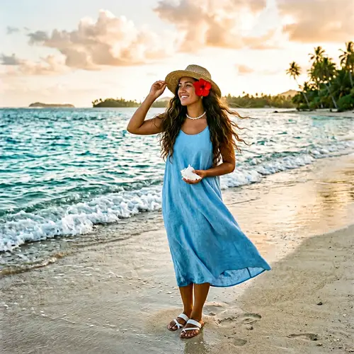 Modern Moana on Sandy Beach with Seashell and Hibiscus Flower