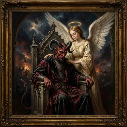 Devil and Angel Painting: Eerie Clash of Forces in Old-Style Scene