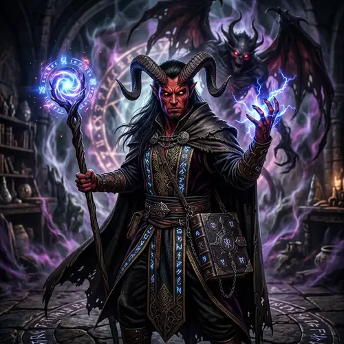 Male Tiefling Warlock | Dark Red Skin, Intricate Robes & Magical Staff