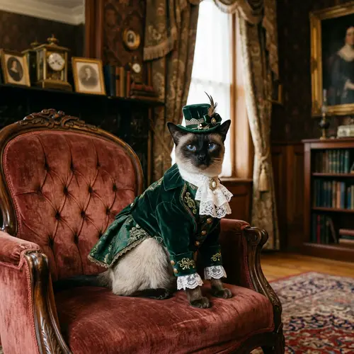Siamese Cat in Elegant Victorian Outfit