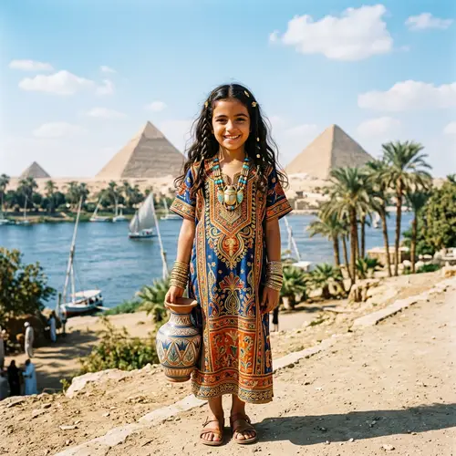 Young Egyptian Girl in Traditional Attire with Scarab Necklace and Pyramids
