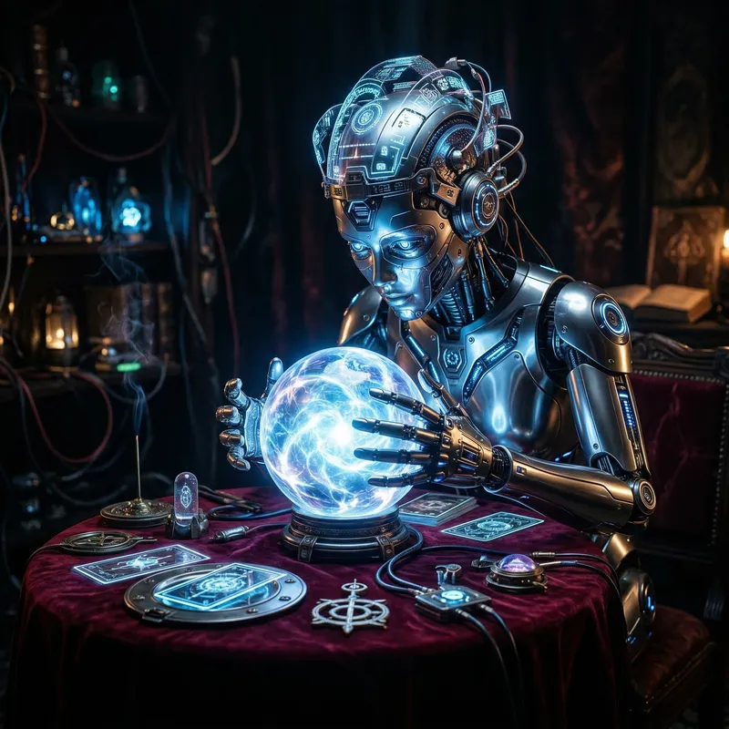 Futuristic AI Robot Fortune Teller with Crystal Ball