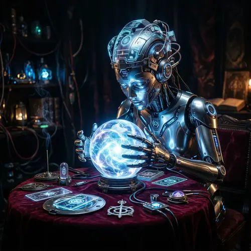 Futuristic AI Robot Fortune Teller with Crystal Ball