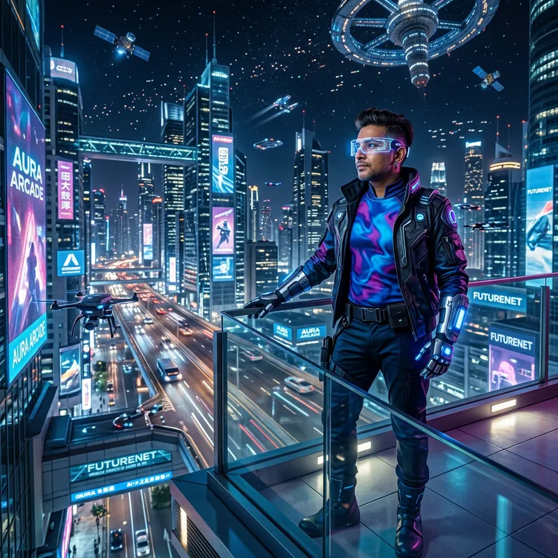 Futuristic South Asian Non-Binary Person in High-Tech City Futuristic South Asian Non-Binary Person in High-Tech City