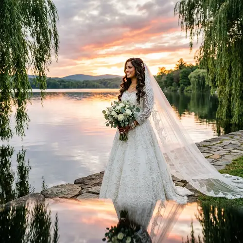 South Asian Bride in White Wedding Gown by Water | Special Day Joy