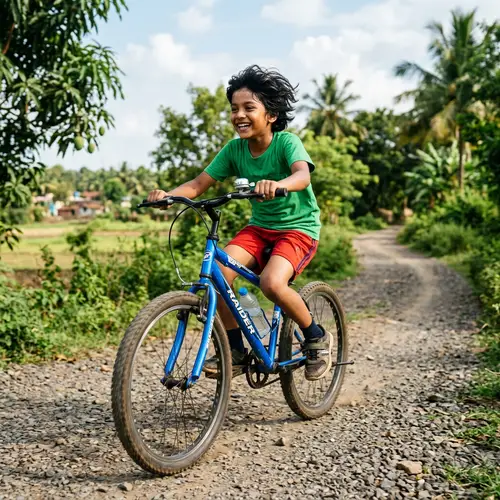 Cheerful South Asian Boy Riding a Vibrant Blue Bike
