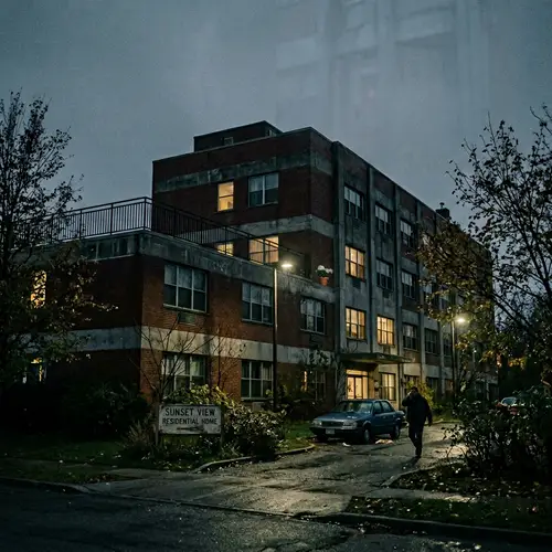 Mysterious Nursing Home Exterior with Hydrangeas