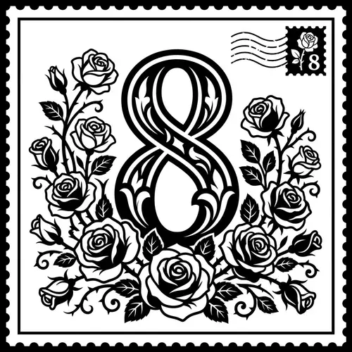 Number 8 surrounded by roses in black and white