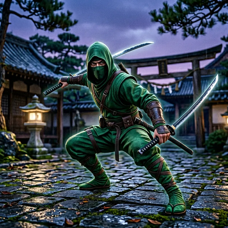 Emerald-Green Ninja in Ready Stance with Razor-Sharp Katanas Emerald-Green Ninja in Ready Stance with Razor-Sharp Katanas