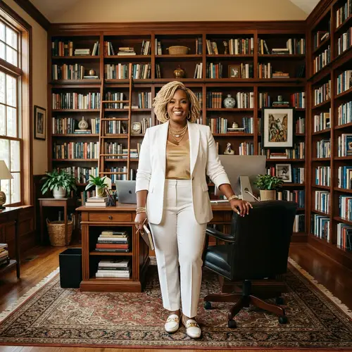 Empowered Black Woman in Elegant Home Office | Professional Suit & Gold Accents