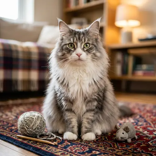 Fluffy Maine Coon Cat with Bright Green Eyes on Colorful Carpet