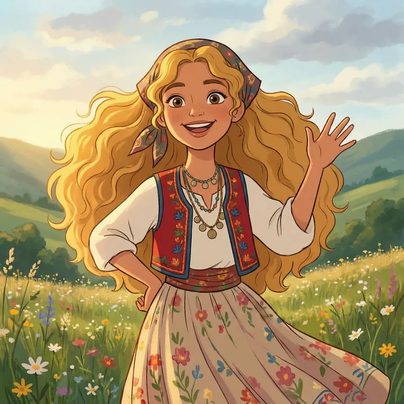 Animated Gypsy Girl with Blonde Curly Hair